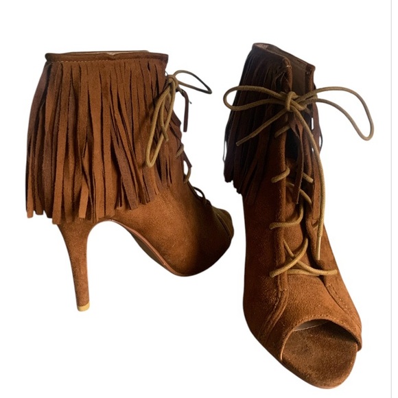 NWT Vintage 2000s Y2K Brown Suede Heels Fringe Boho Hippie Style Size 8 - Picture 4 of 10
